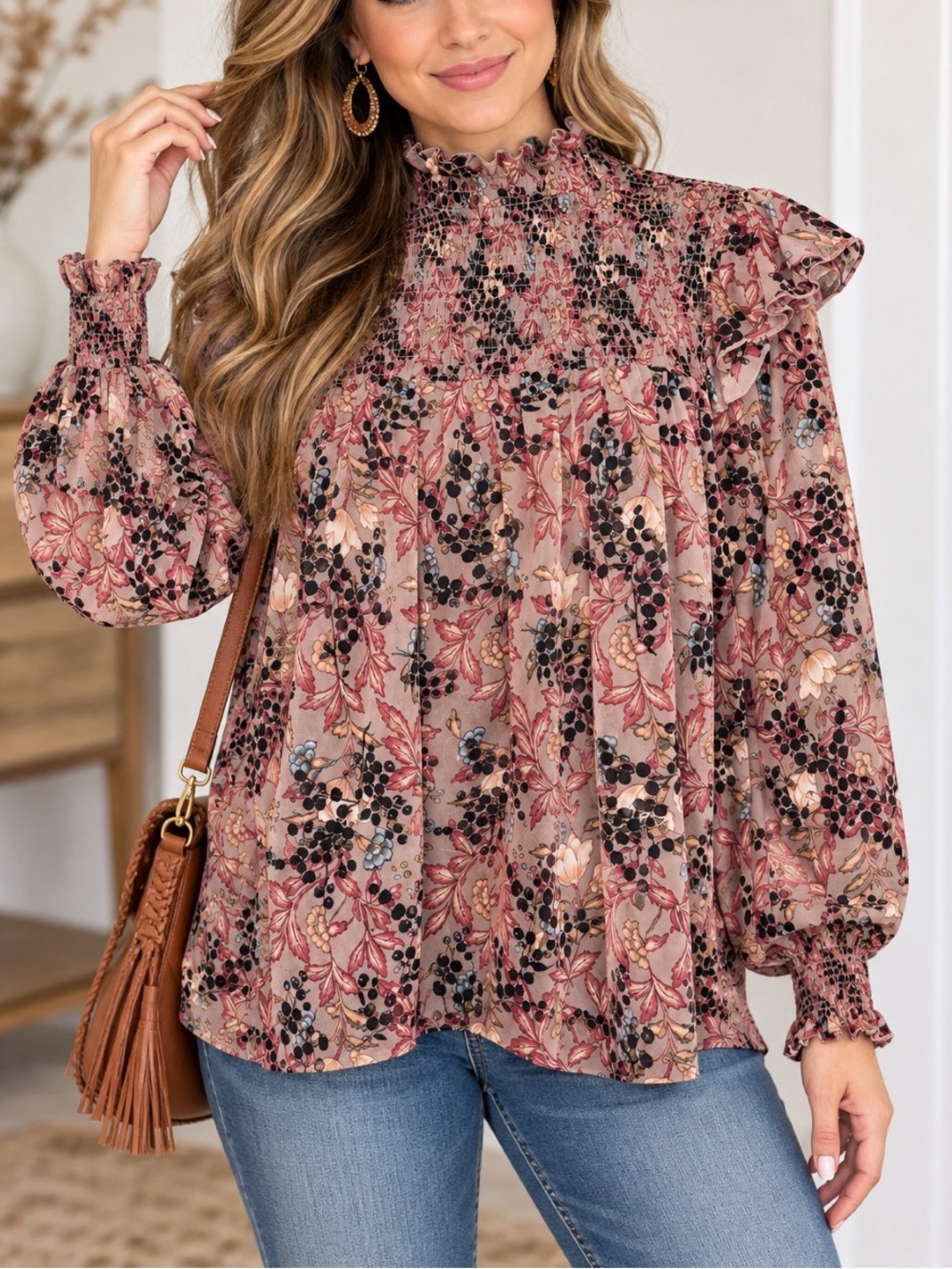 Knox Rose Floral Ruffled High-Neck Blouse- Medium